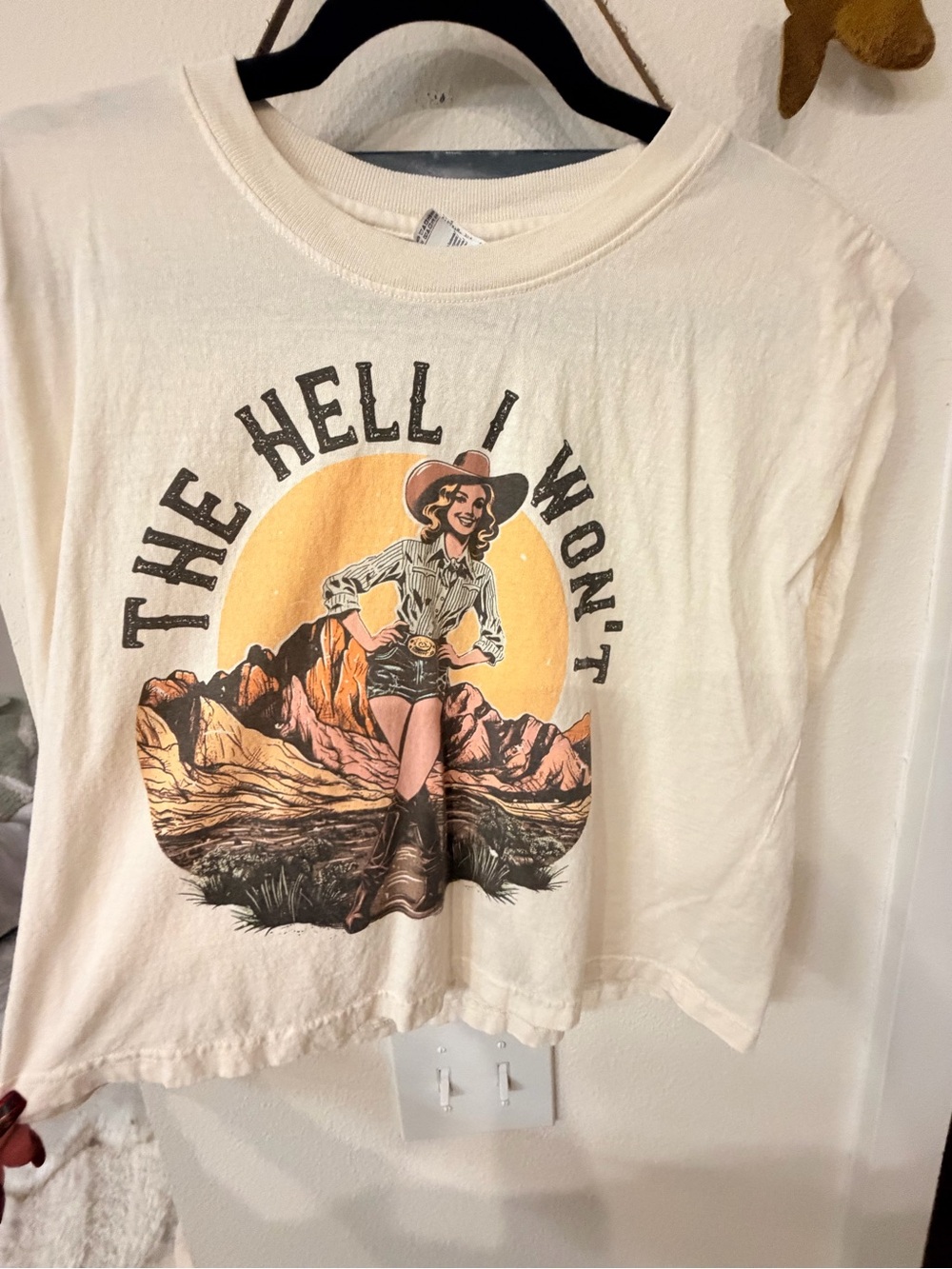 American Apparel Cream Cropped Tee with Sunset Western Graphic